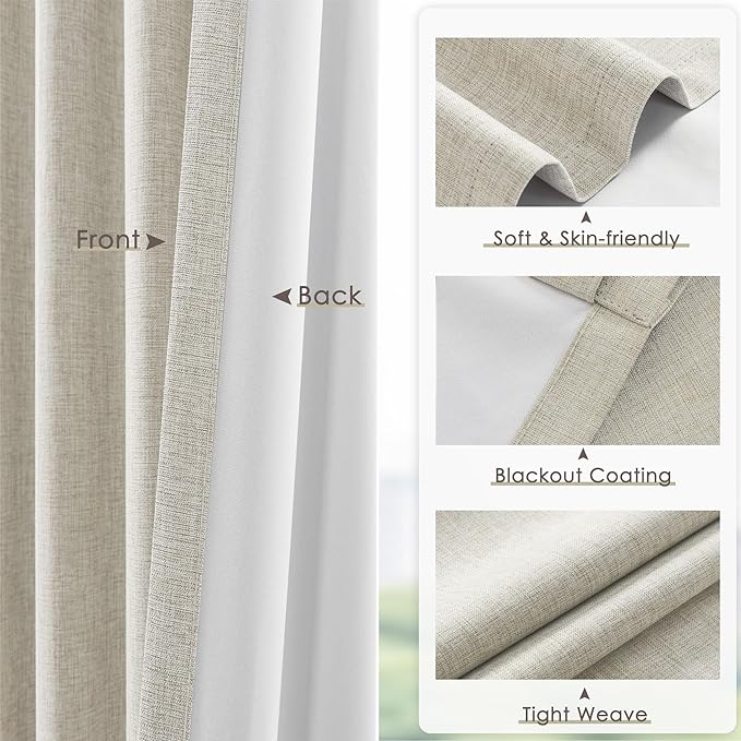 Linen Blackout Curtains 35 Inch Long for Bedroom & Living Room, Natural Drapes Pinch Pleat Noise Reducing Thermal Insulated Room Darkening Black Out Curtain 2 Panels Set with Back Tab