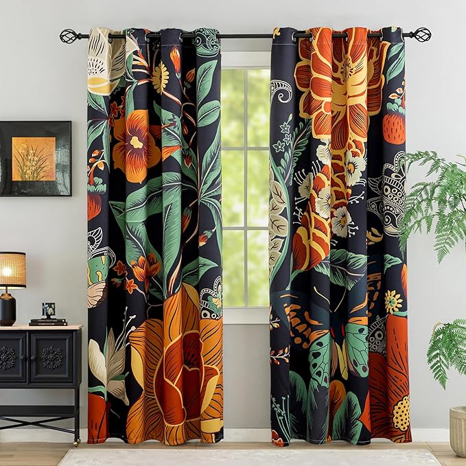 Tyrot Black Boho Floral 100% Blackout Curtains for Bedroom 84 inch Long 2 Panels Vintage Botanical Black Out Curtains for Living Room Grommet Thermal Insulated Room Darkening Window Drapes,52Wx84L