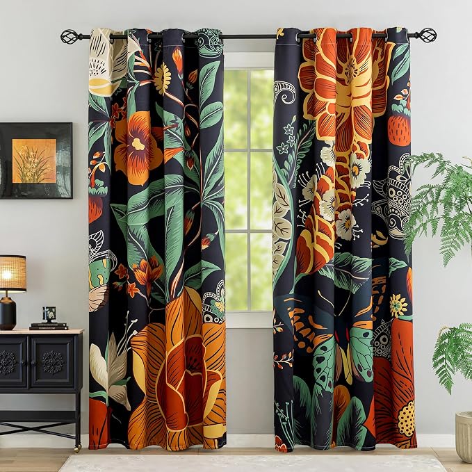 Tyrot Black Boho Floral 100% Blackout Curtains for Bedroom 63 inch Long 2 Panels Butterfly Botanical Black Out Curtains for Living Room Grommet Thermal Insulated Room Darkening Window Drapes,52Wx63L