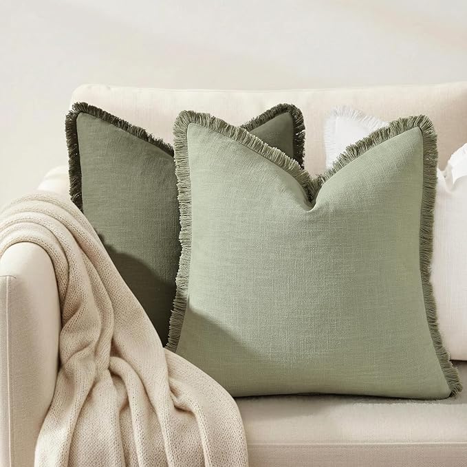 decorUhome Linen Fringe Throw Pillow Covers Set of 2 Decorative Sage Green Pillow Covers with Tassels Soft Accent Boho Farmhouse Pillow Cases for Couch Bed Sofa 16x16 Inch