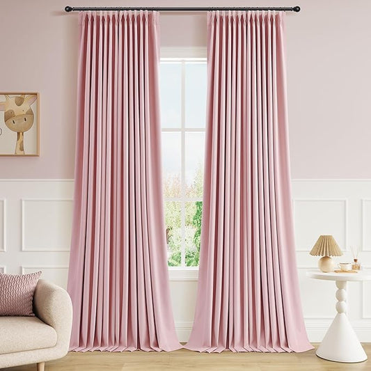 Joywell Pink Pinch Pleat 100% Blackout Linen Curtains 110 Inch Long for Girls Bedroom Living Room Thermal Insulated Room Darkening Light Blocking Pleated Linen Curtains for Baby Nursery Blush 40x110