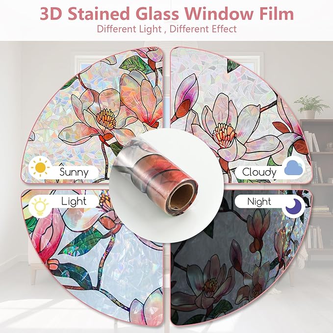 Kromapolis Window Privacy Film, Stained Glass Sticker Floral Window Clings, Decorative Static Clings UV Blocking Colorful Decals, Removable Vinyl Covering Rainbow Magnolia Flowers, 11.8'' x 157.4''