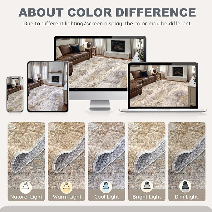 DMOYEST Area Rug Living Room Rugs - 7x9 Washable Large Soft Indoor Neutral Modern Abstract Low Pile Rug Carpet for Bedroom Dining Room Farmhouse Home Office - Brown Grey