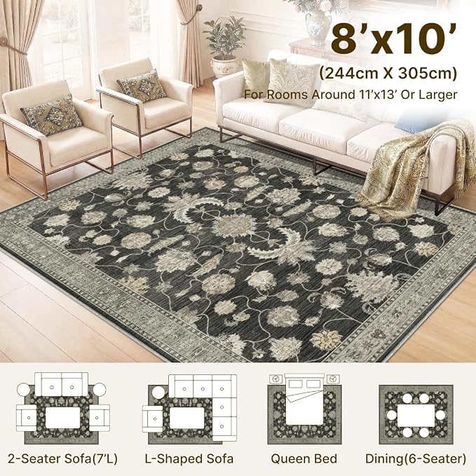 8x10 Area Rug for Living Room-Vintage Farmhouse Boho Floral Washable Stain Resistant Indoor Carpet for Bedroom Office and Home Decor(Black&Gold)