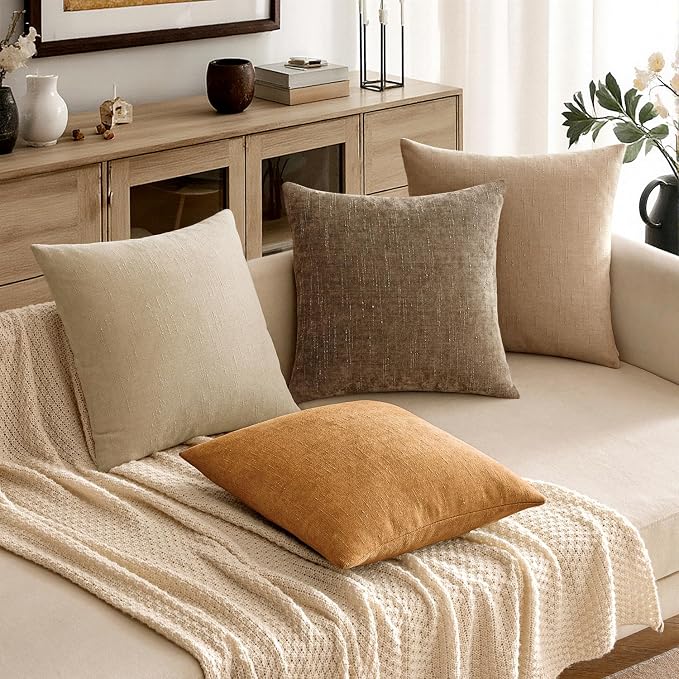 MIULEE Pack of 2 Decorative Throw Pillow Covers Soft Chenille Throw Pillows Solid Textured Cushion Covers Home Decor for Couch Sofa Bedroom Living Room 22x22 Inch,Golden Brown