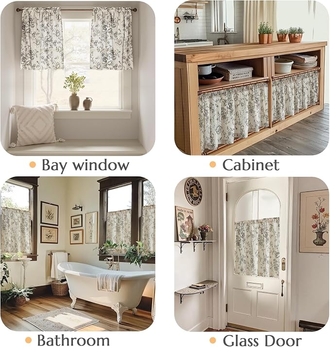 jinchan Floral Linen Tier Curtains 24 Inch Farmhouse Botanic Cafe Drapes for Small Windows Rustic Half Window Curtains for Kitchen Living Room Bathroom Laundry 2 Panels Black on Beige