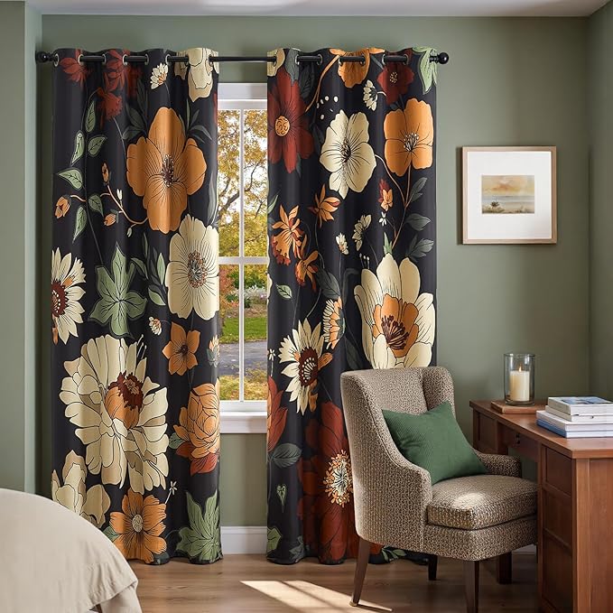 jinchan Lora Floral Curtains for Bedroom Blackout Drapes for Living Room Darkening Fabric Vintage Black Boho Flower Pattern Fall Decor Window Curtains 84 Inches Length 4 Panels with Grommet