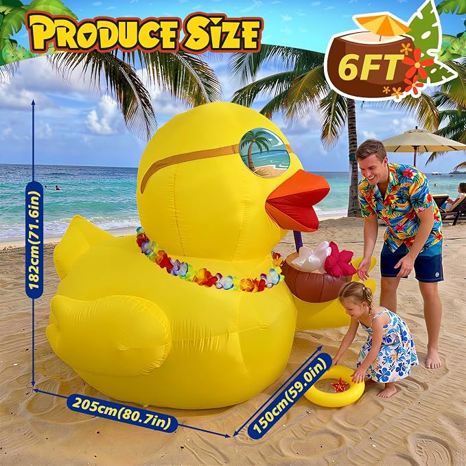 6 FT Giant Inflatable Duck, Summer Inflatables Outdoor Decorations for Yard | Blow Up Duck with Hawaiian Leis, Luau Party Decorations, Powerful Blower & LED Lights, Pool Beach Tropical Lawn Party Decor