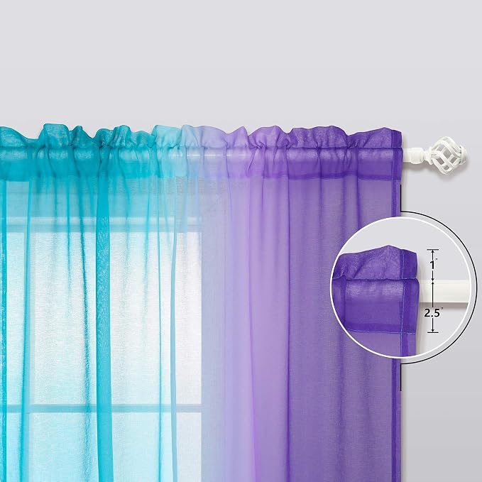 KOUFALL Short Sheer Curtains 45 Inch Length for Bathroom Decor Set of 2 Panels Rod Pocket Half Small Ombre Rainbow Colorful Curtains for Kitchen Windows Bedroom Light Purple and Aqua Teal Turquoise