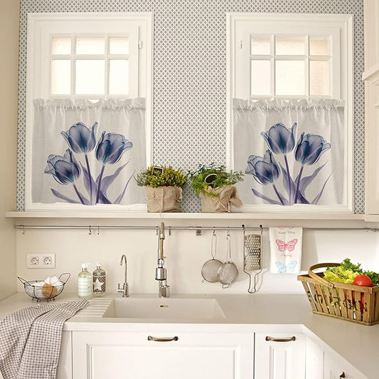 Kitchen Tier Curtains 36 inches Long, Abstract Transparent Blue Flower Tulip Cotton and Linen Texture Curtains for Living Room Bath,Rod Pocket Light Filter Drapes Half Window Treatment Tiers 2 Panels