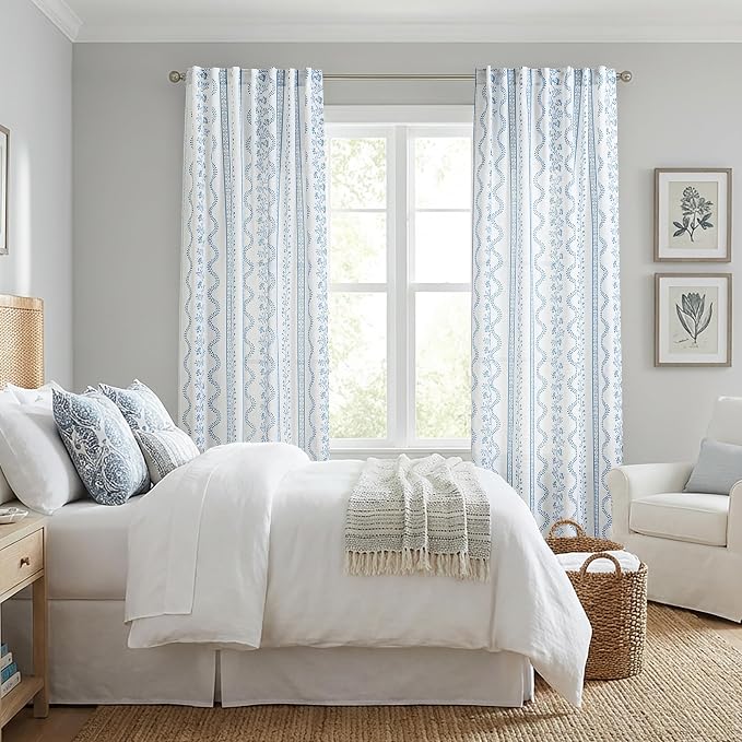 Light Blue and White Chinoiserie Curtains 63 Inch Length for Living Room, Summer Floral Striped Light Filtering Sheer Drapes 2 Panels Set