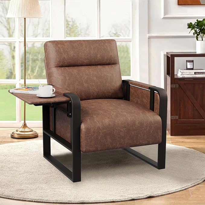 PU Leather Accent Chair with Foldable Table, Modern Upholstered Armchair for Living Room Bedroom Office Side Chairs Dark Brown
