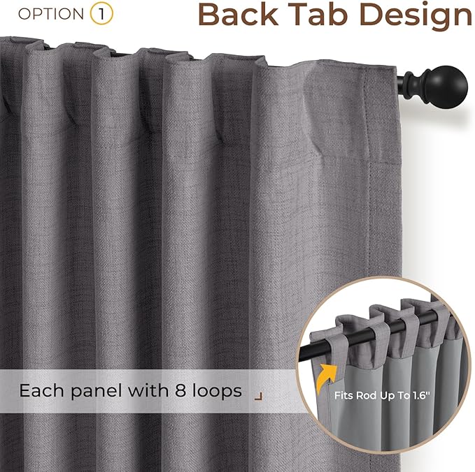INOVADAY 100% Blackout Curtains 96 Inches Length 2 Panels Set, Back Tab/Rod Pocket Linen Black Out Curtains for Bedroom, Thermal Insulated Window Drapes - Dark Grey, W50 X L96