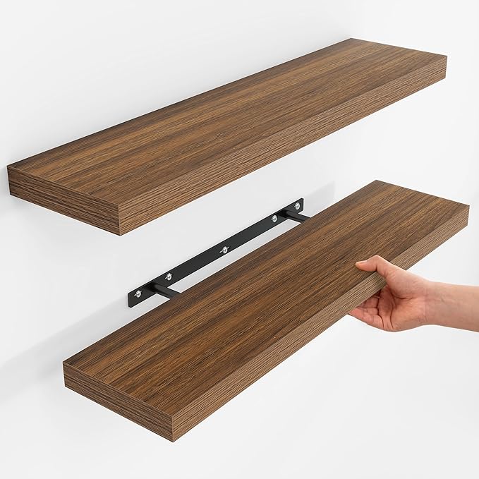 Fun Memories Floating Shelves for Wall, 32 Inch Set of 2 Rustic Wood Wall Shelves with Invisible Brackets, Heavy Duty Storage Display for Living Room Bedroom Kitchen, Walnut