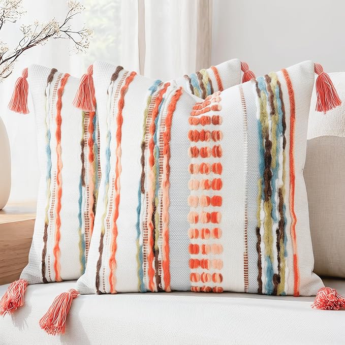 NUYECY Boho Throw Pillow Covers 18x18 Aesthetic Neutral Boucle Couch Pillow Cover Rainbow Striped Decorative Accent Pillow Case for Couch Bed Sofa Farmhouse Bedroom,Modern Funky,Set of 2 Red