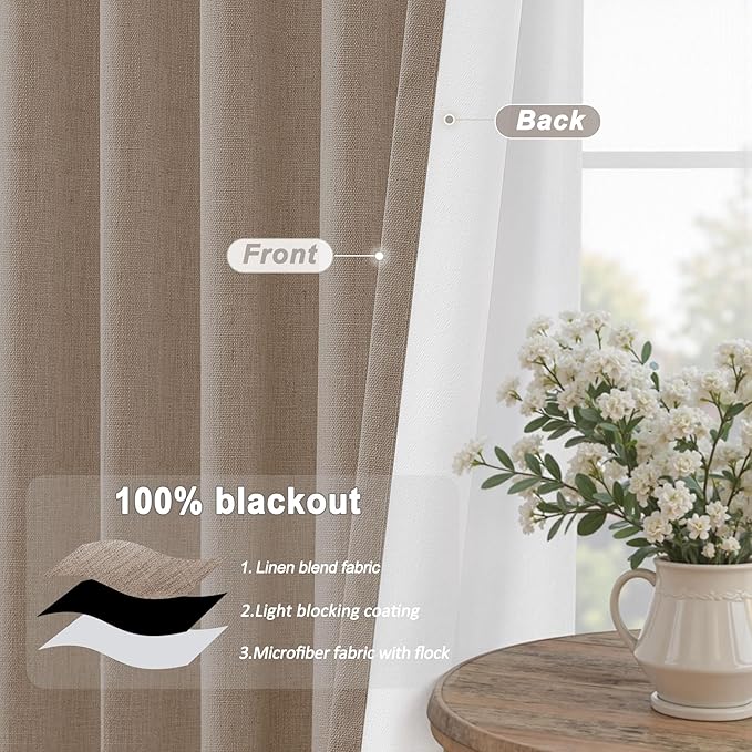 UHITECH Linen Short Black Out Curtains 54 Inch Long Living Room Back Tab Curtains for Bedroom Window Panels Set Privacy 100% Blackout Drapes Soundproof