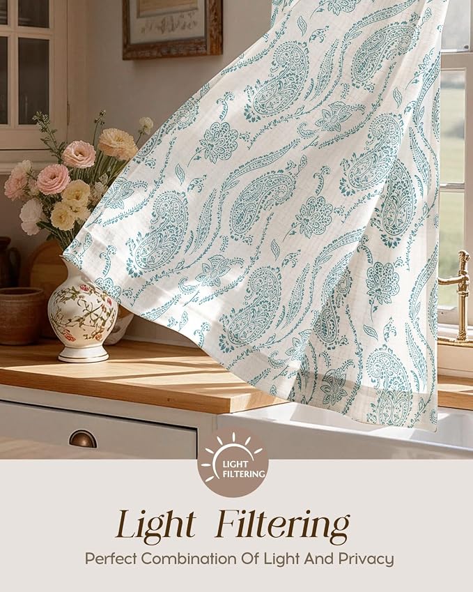 Miss Adola Farmhouse Kitchen Tier Curtains - 24 Inch Length Linen Blend Floral Cafe Curtains Blue Small Window Treatments Over Sink Rod Pocket for Bathroom Living Room Light Filtering, 2 Panels