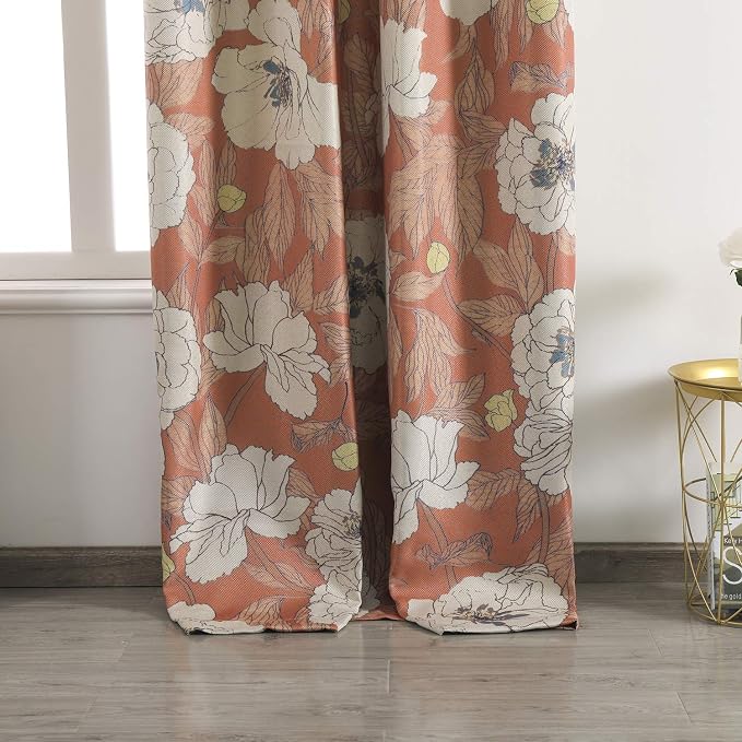 Taisier Home Stylish Faux Linen Curtains for Living Room/Bedroom | Privacy Added Light Reducing Flower Pattern Window Curtain Drapes (2 Panels) Grommet Top, 52x108 Inch, Orange