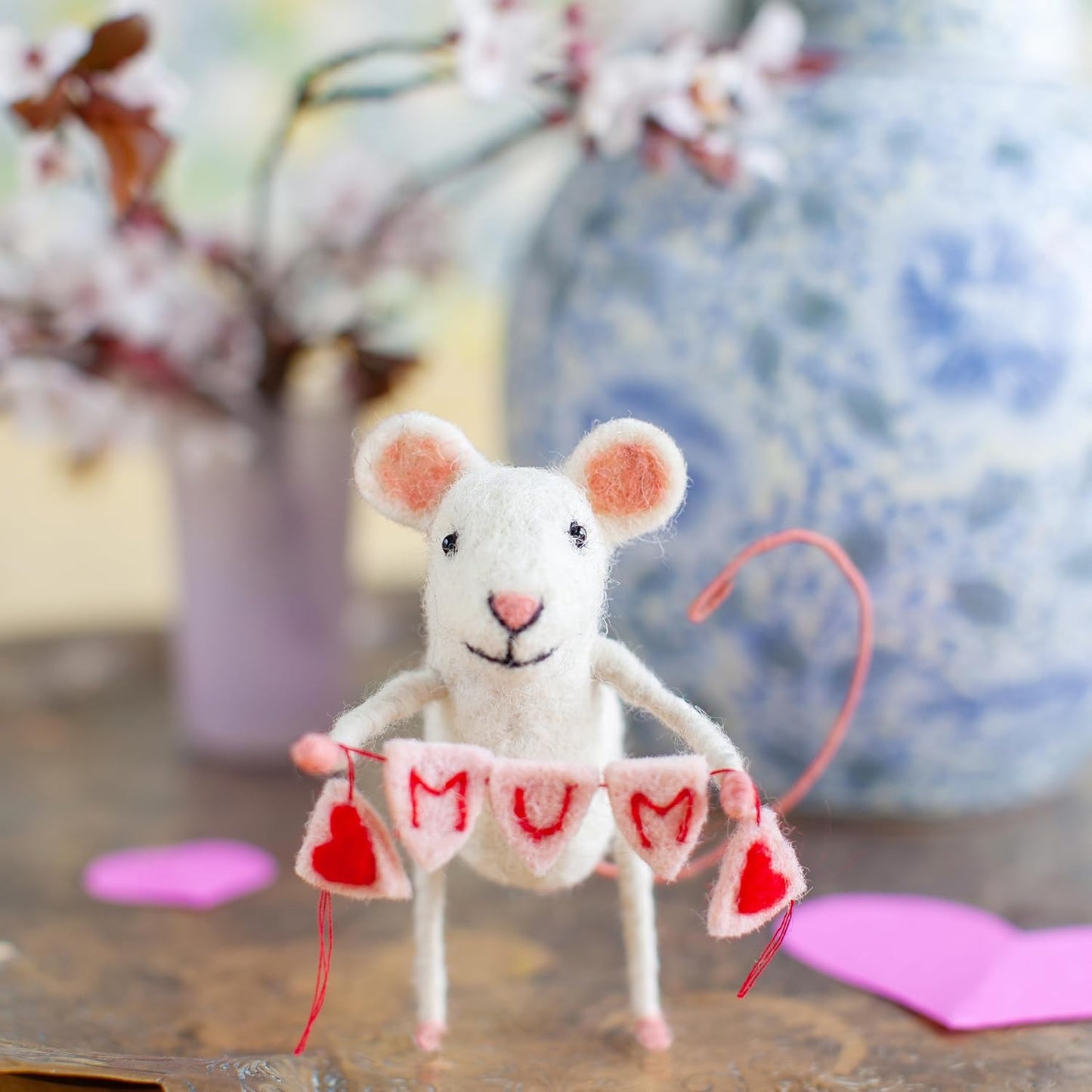 | Hand-Felted Mom Bunting Mouse | Organic Wool Home Decor | Fair Trade Plush Animal Ornament | Gift for Any Occasion | Perfect for New Spaces & Home Accessories