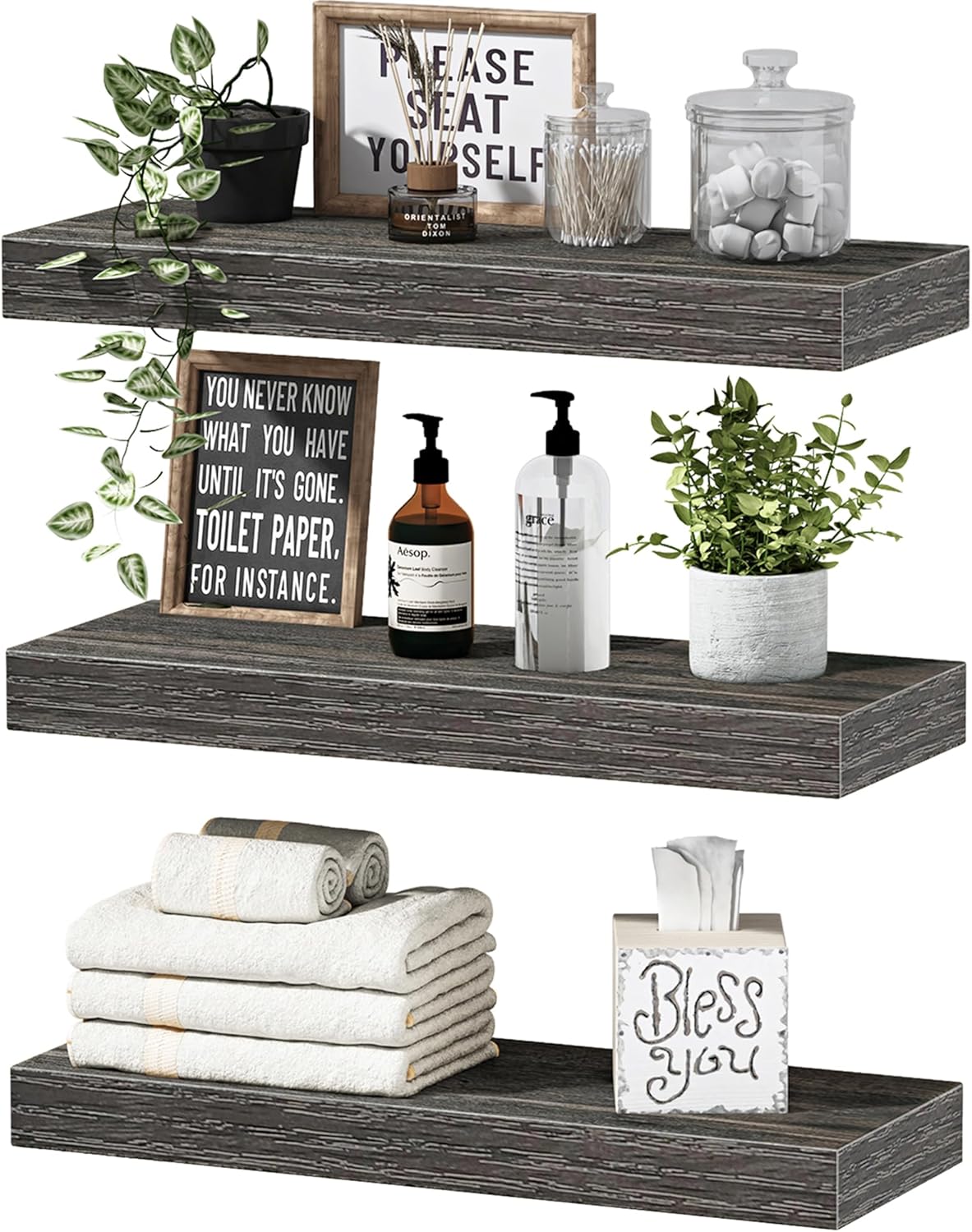 QEEIG Floating Shelves for Wall Bathroom Shelf Bedroom Kitchen Living Room Hanging Book Shelves Small Farmhouse Decor 16 inch Set of 3, Grey (015-GY3)