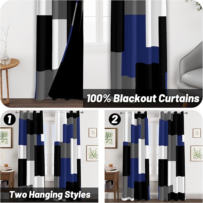 Tyrot Navy Blue Grey 100% Blackout Curtains for Bedroom 84 inch Long 2 Panels Set Gray Modern Abstract Geometric Black Out Curtains Insulated Room Darkening Window Drapes for Living Room, 52Wx84L