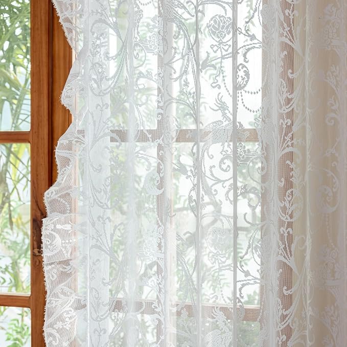TUDECO White Ruffle Curtains - Boho Flower Sheer Lace Curtains for Dining Room - Shabby Chic Flowy Privacy Coquette Decor - Rod Pocket - 2 Panels, 59 x 96 Inch