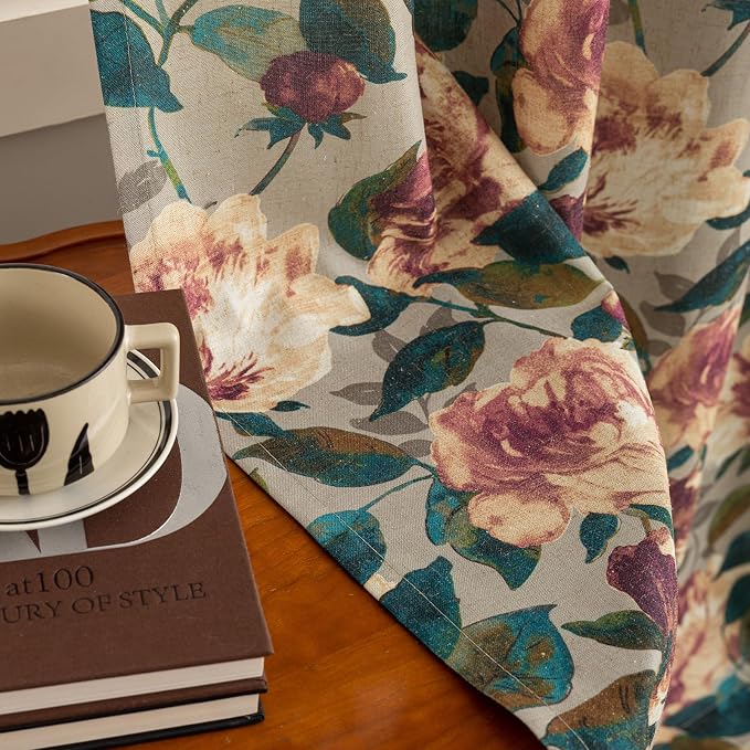 ALIGOGO Printed Botanical Curtains 96 Inches Long - 70s Two Pages Floral Curtains for Dining Room, Retro Spring Peony Leaf Light Filtering Linen Drapes Grommet Top, 50 x 96 Inches, Green & Beige