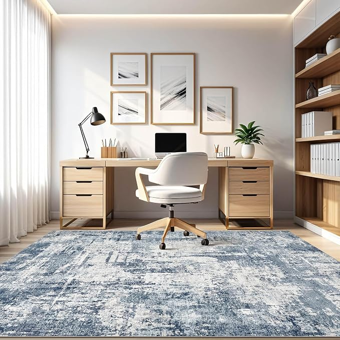 7x10 Area Rug Living Room: Washable Large Abstract Modern Soft Rug Stain Resistant Indoor Non-Slip Carpet for Bedroom Dining Room Nursery Kids Playroom Office Home House- Blue White