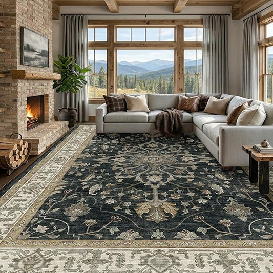 RELEANY Area Rugs Large 10'x14' Washable Non-Slip, Floral Vintage Distress Medallion Carpet for Living Room Bedroom Dining Room, Vintage Black Brown Neutral