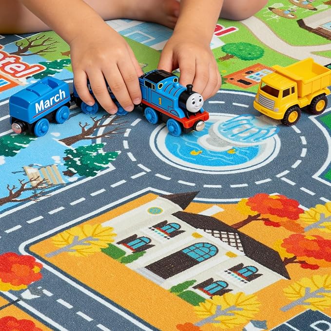 Car Rug Play Mat for Kids Toy Cars, 5' x 7' Town City Track Road Carpet, Non-Slip Machine Washable Town City Track Road Rugs Four Seasons Theme Traffic Mat for Kids Room Bedroom Game Safe Area