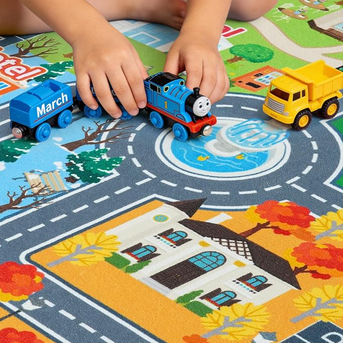 Kids Car Rug Play Mat for Toy Cars, Round 47" City Road Town Track Four Seasons Traffic Carpet, Non-Slip Washable Area Rug for Kids Room Bedroom Classroom Play Area, Fun Learning Carpet for Children
