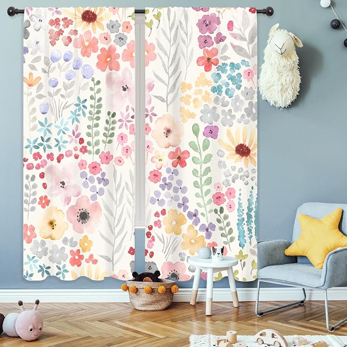 Riyidecor Colorful Floral Curtains Pink Wildflower Cute Boho Flower Plant Leaves Botanical Trendy Rod Pocket Pretty Aesthetic for Girls Bedroom Living Room Treatment Fabric 2 Panels 52Wx84H Inch