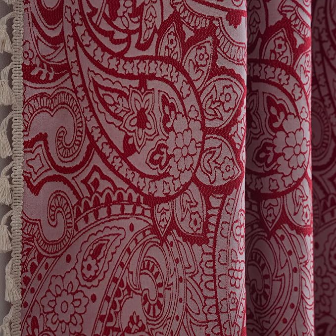 ENJOYBRIDAL Red Paisley 96 Inch Curtains for Bedroom Boho Drapes Semi Sheer Rod Pocket 2 Panels Long Window Curtain Panels for Living Room Farmhouse Jacquard Decorative Vintage Window Treatments