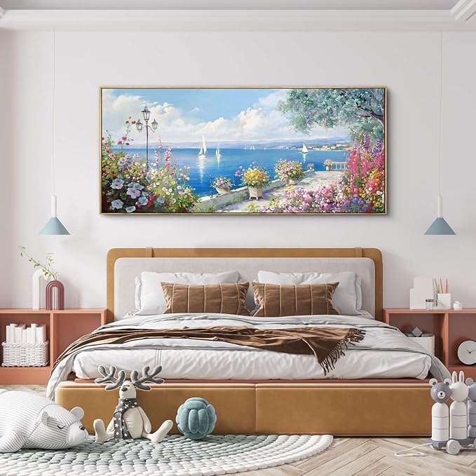 Oversized French Coastal Flower Sailboat Canvas Wall Art Framed Pastel | Mediterranean Seaside Landscape Painting Large Wide Wall Decor For Spacious Living Room Master Bedroom Open Dining Room 70x31