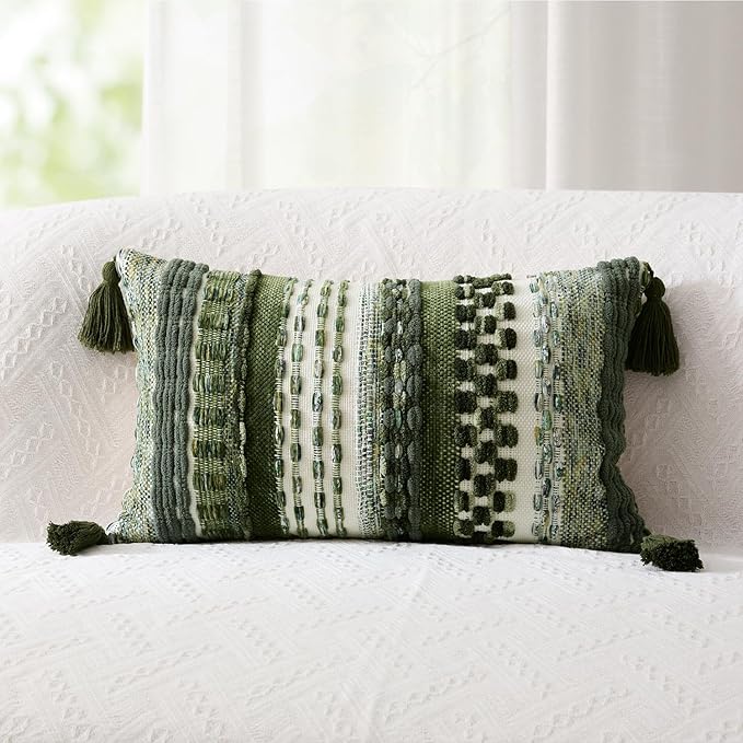 Kevin Textile 14x20 Inch Lumbar Throw Pillow Cover 1 Pack Boho Decorative Soft Chenille Thread Woven Tufted Textured Rectangle Cushion Case Farmhouse Accent for Living Room Couch Sofa Bed, Green