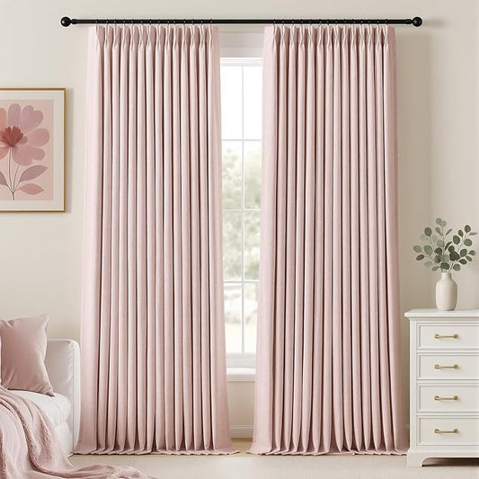 IVAPUPU Pink Pinch Pleated Full Blackout Linen Curtains for Girls Bedroom, Black Out Curtains 102 Inches Long Room Darkening Thermal Insulated Pleat Drapes Baby Pink Dusty Blush for Nursery, 2 Panels