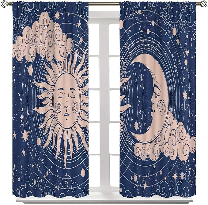 Sun Moon Blackout Windows Curtains, Boho Celestial Bodies Gold Sun Moon and Stars Pattern Window Drapes, for Living Room Bedroom 63x63in 2 Panels