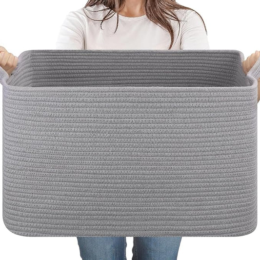 65L Cotton Rope Large Blanket Basket (19.7"x15.7"x11.8") for Living Room, Kids Room & Laundry, Storage Basket with Handle for Organizing Blankets, Pillows, Clothes & Toys, Light Grey