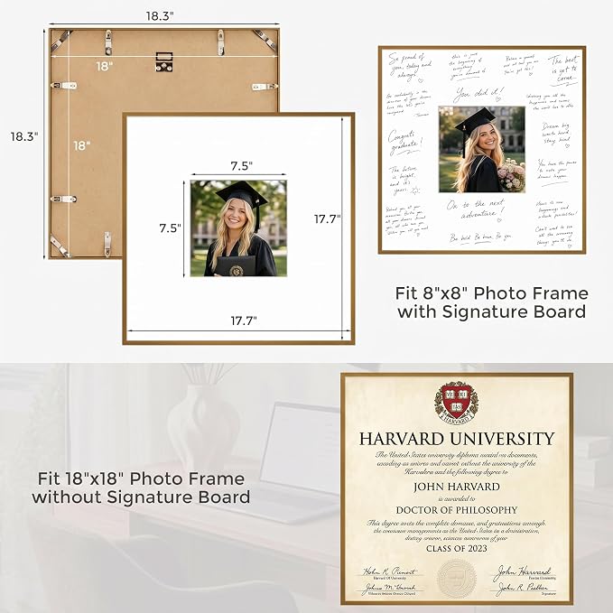 Signature Picture Frame 18x18, Aluminum Signable Frame with Glass, Bronze | Warm Bronze Signable Frame with 8x8 for Wedding, Graduation, Birthday & Baby Shower Guest Book| Real Glass & Wall Kit