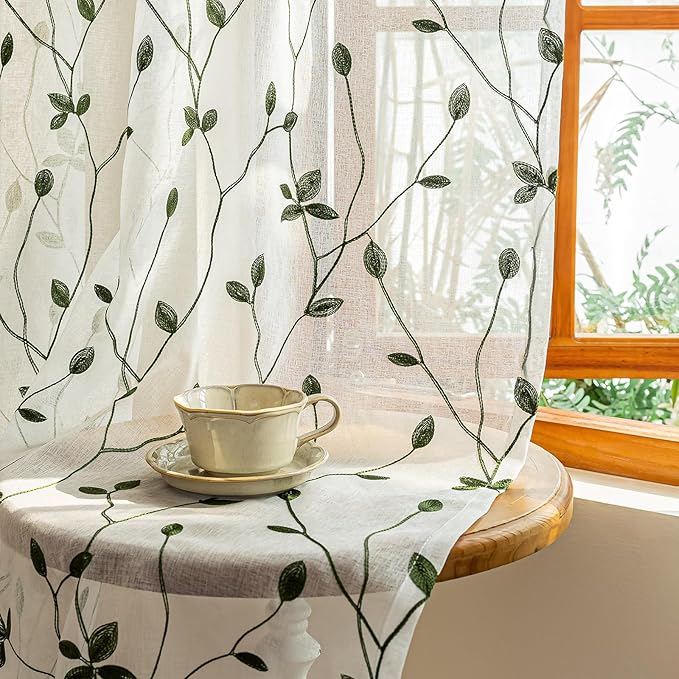 AmHoo 2 Panels Embroidered Leaf Pattern Semi Sheer Curtains Foliage Floral Voile Window Draperies Treatment for Bedroom Living Room Rod Pocket White Olive Green 53 x 63 Inch