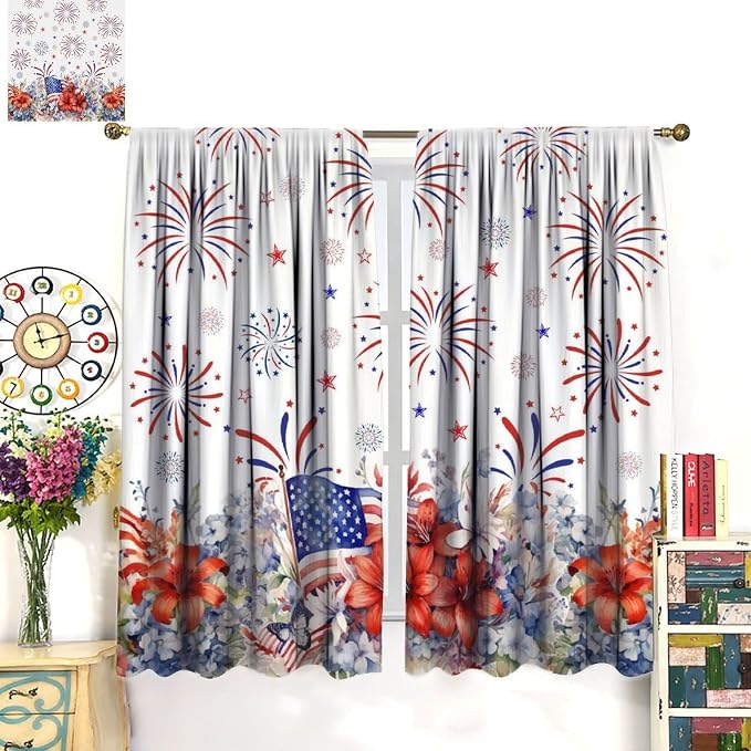 Independence Day Curtains, 4th of July Red Blue Floral Patriotic Star American Flag Drapes for Bedroom Living Room Kitchen Window Treatment 2 Panels Set Total Size 42" W X 54" L Inch