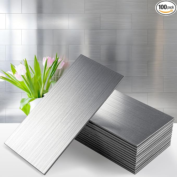 Vamos Tile 100-Piece Peel and Stick Backsplash Seamless Tile,3''x6'' Brushed Stainless Steel Metal Subway Tile,Stick on Backsplash for Kitchen/Bathroom/Laundry Room
