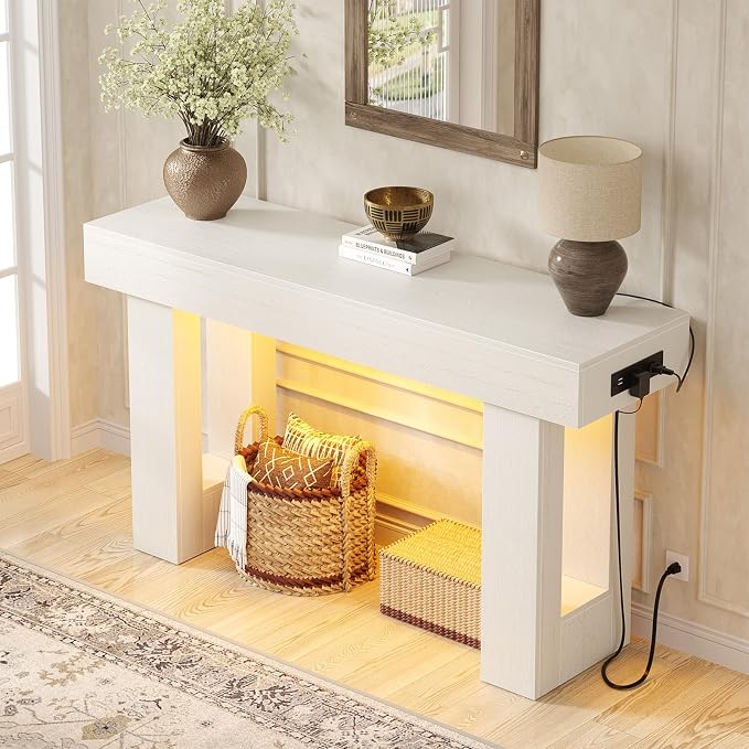 Unikito 47" Entryway Table with Socket and Sensor Light, Narrow Console Table with Storage Behind Couch, Farmhouse Entry Way Tables with Open Storage for Entrance/Hallway/Living Room, Rustic White