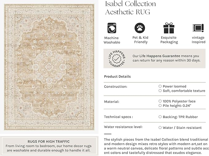 HUGEAR Area Rugs 9x12 Machine Washable Vintage Beige Brown Living Room Bedroom Rug Throw Carpet Non Slip Stain Resistant Low Pile for Home Retro Aesthetic Modern Decor
