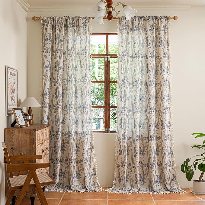 OYX Purple Floral 84 Inch Curtains, Semi Sheer Rod Pocket Vintage Boho Farmhouse Drapes, Light Filtering Floor Length Window Panels 2 Piece Set for Bedroom Living Room