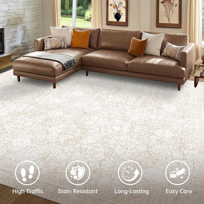 Sasttie 6x9 Area Rugs, Ultra-Soft Washable Rug, Low Pile Foldable Thin Carpets with Non-Slip Backing, Skin-Friendly Stain Resistant Carpet for Living Room, Bedroom, Kitchen, Dorm, 6x9, Cream
