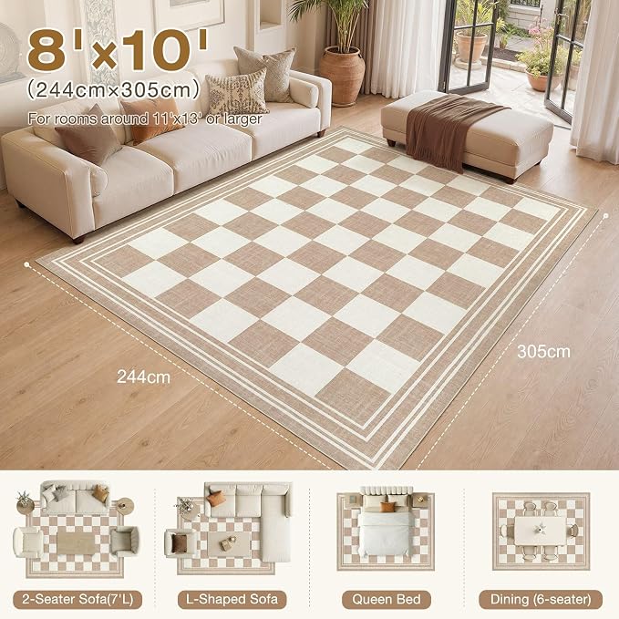 cotiled Washable Area Rugs 8x10 Living Room | Non Slip Backing, Stain Resistant, Pet Friendly, Large Neutral Soft Indoor Carpet For Bedroom, Nursery, Office, Khaki/Brown