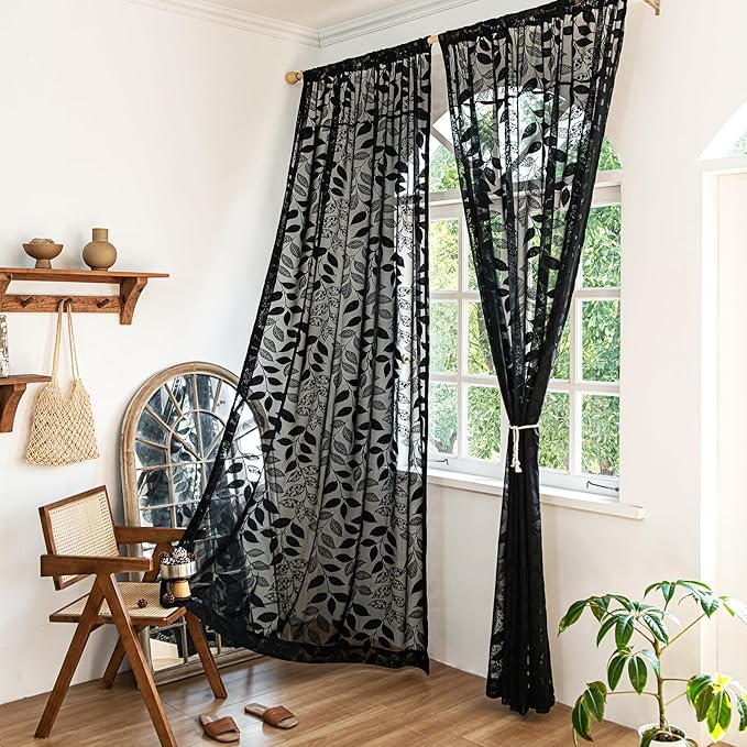 Treatmentex Black Lace Curtains 63inch Light Filtering Leaf Sheer Window Curtains for Living-Room Bedroom Vintage Leaves Knitted Lace Sheer Curtain Panels 54" w 2pcs Rod Pocket