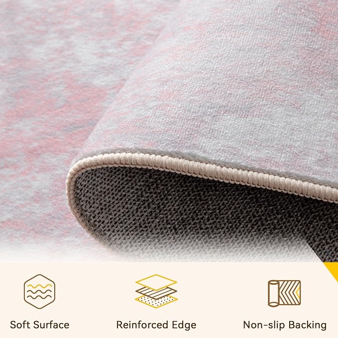 RELEANY Washable Area Rugs 2'x10' Non-Slip Modern Abstract Soft for Living Room Entryway Bedroom Kitchen, Print Pattern, Grey Pink