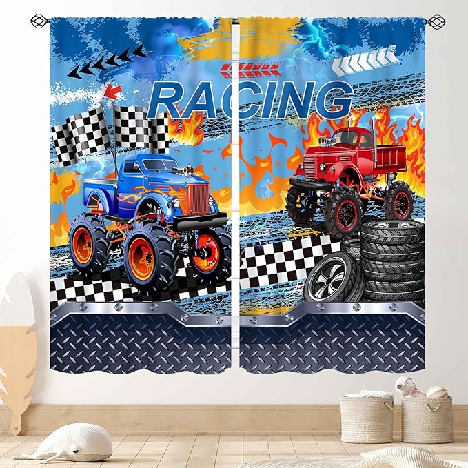 Truck Curtains for Boys Room, Cool Banner Burning Flame Car Cartoon Monster Racing Theme Window Drapery Treatments for Boys Kids Bedroom Living Room Playroom Nursery 2 Panels, 55"x63" Inch